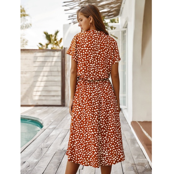 Spotted Print Drawstring Waist Shirt Dress Midi - Picture 4 of 11